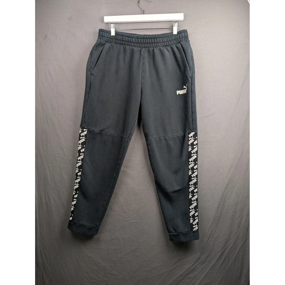 Puma Mens Fleece Joggers Tapered‎ Sweatpants Black Logo Tape Size Large